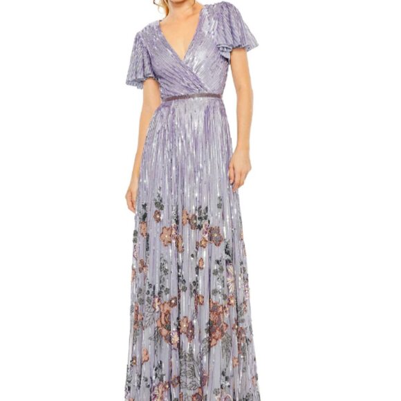 MAC DUGGAL 5637 FLORAL SEQUINS FLOUNCE V-NECK LILAC GOWN sz 6 - Picture 2 of 9